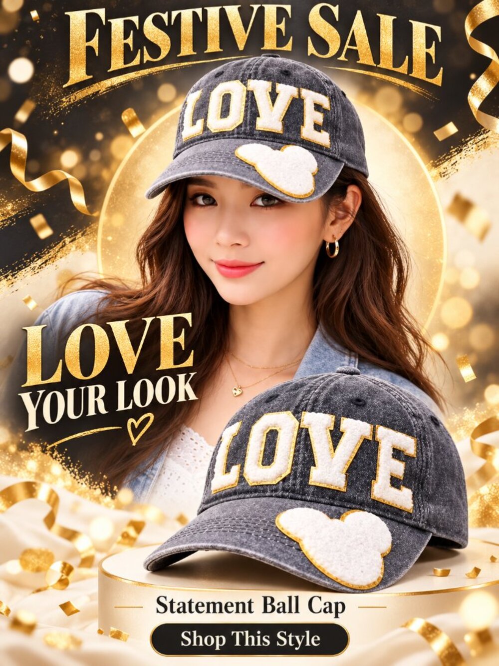 “LOVE” Denim Ball Cap with Gold Accent & Micky Ears shape Patch